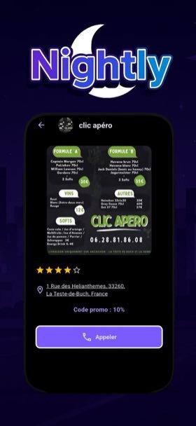 Écran de l'app mobile Nightly